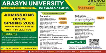 Admission notice for Abasyn University Islamabad